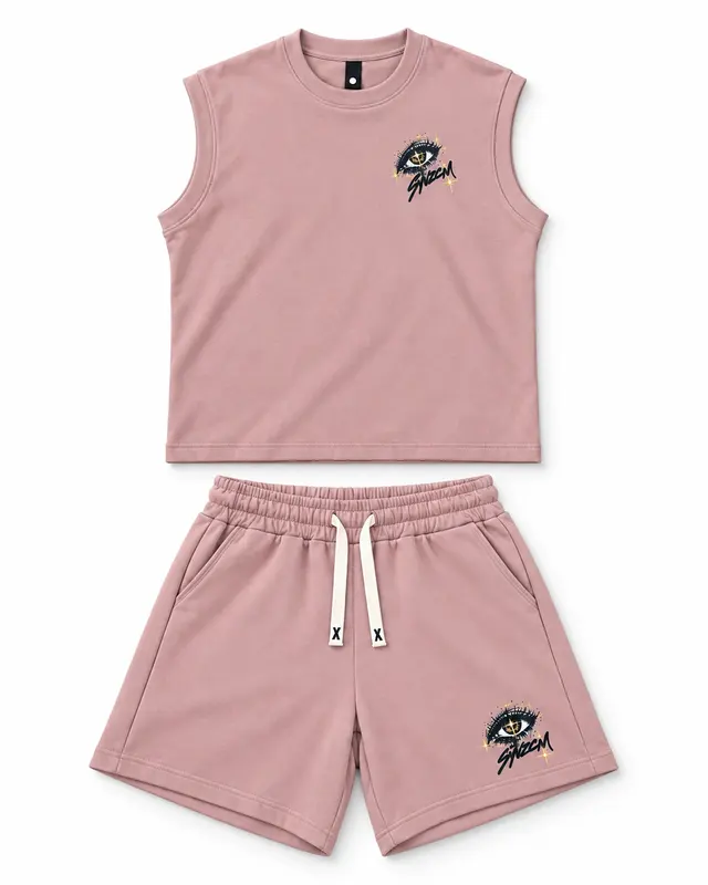 Eye Graphic Sleeveless Tee & Shorts Set — Rose pink garment reference