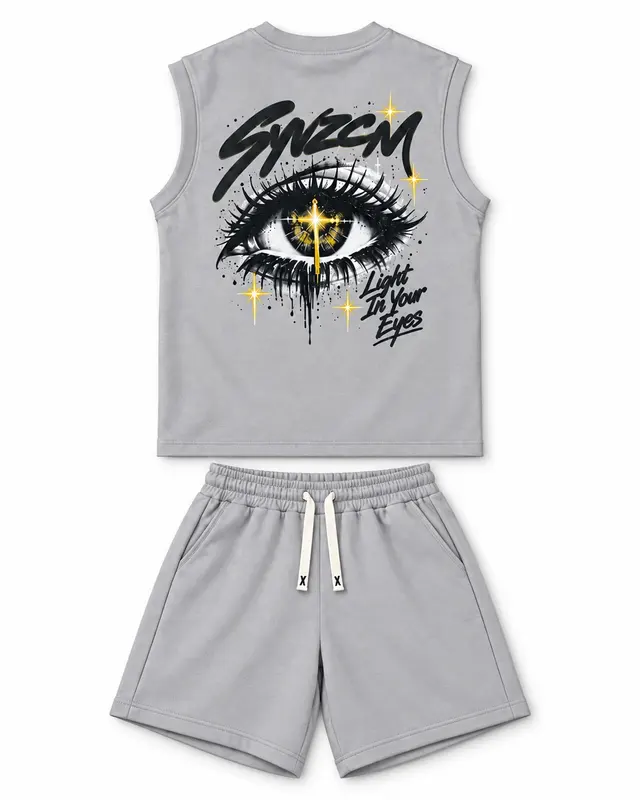 Eye Graphic Sleeveless Tee & Shorts Set — Stone grey garment reference