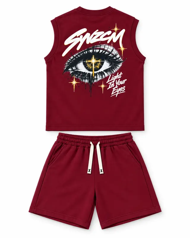 Eye Graphic Sleeveless Tee & Shorts Set — Wine red garment reference