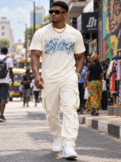 SYVZCM Blue Graffiti T Shirt — Ivory on a streetwear model