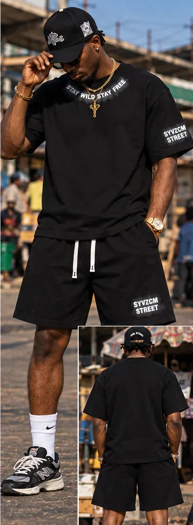 Smoke Mark Contrast Trim Tee & Shorts Set — Black on a streetwear model