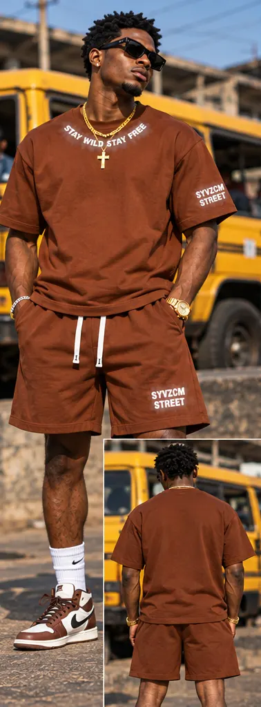 Smoke Mark Contrast Trim Tee & Shorts Set — Brown on a streetwear model