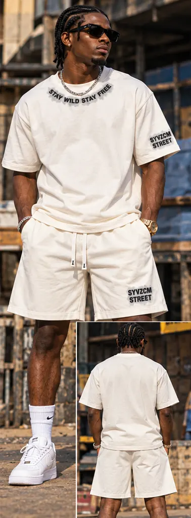Smoke Mark Contrast Trim Tee & Shorts Set — Ivory on a streetwear model