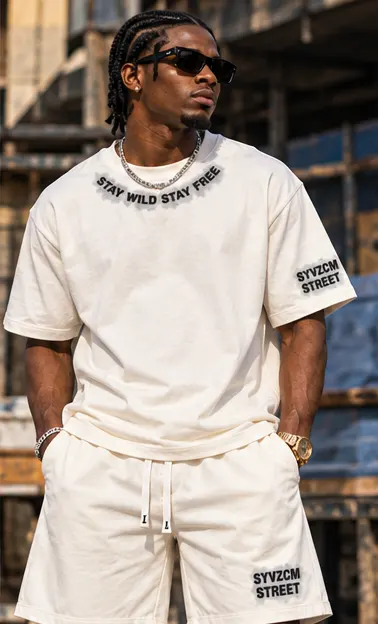 Smoke Mark Contrast Trim Tee & Shorts Set — Ivory on a streetwear model
