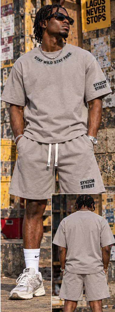 Smoke Mark Contrast Trim Tee & Shorts Set — Grey on a streetwear model