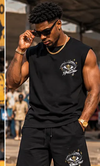 SYVZCM Emblem Shorts Set — Black on a streetwear model