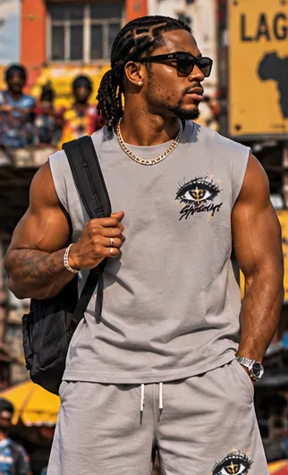 SYVZCM Emblem Shorts Set — Grey on a streetwear model