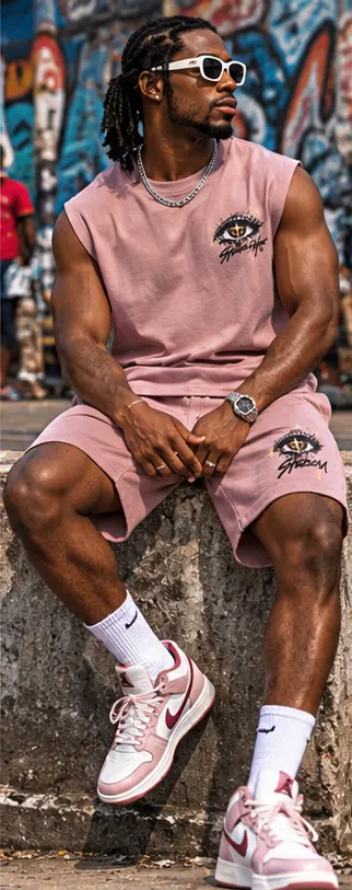 SYVZCM Emblem Shorts Set — Pink on a streetwear model