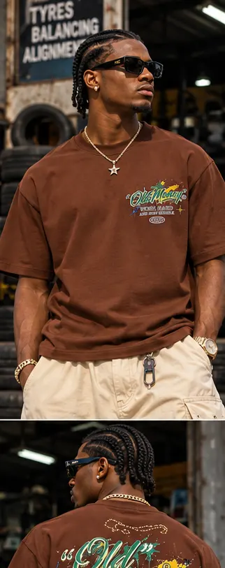 SYVZCM Embroidered Polo — Brown on a streetwear model