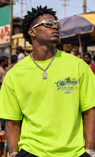 SYVZCM Embroidered Polo — Lime Green on a streetwear model