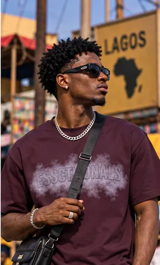 Essentials Graphic Tee & Shorts Set — Wine Red on a streetwear model