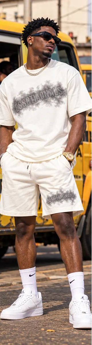 Essentials Graphic Tee & Shorts Set — White on a streetwear model