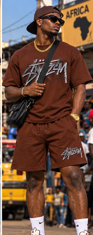 SYVZCM Graffiti Shorts Set — Brown on a streetwear model