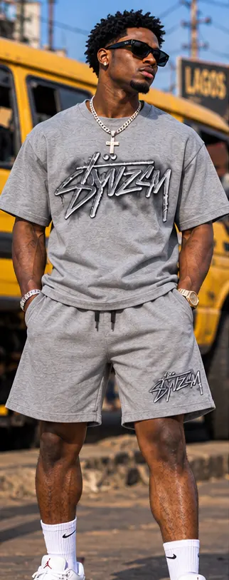 SYVZCM Graffiti Shorts Set — Grey on a streetwear model