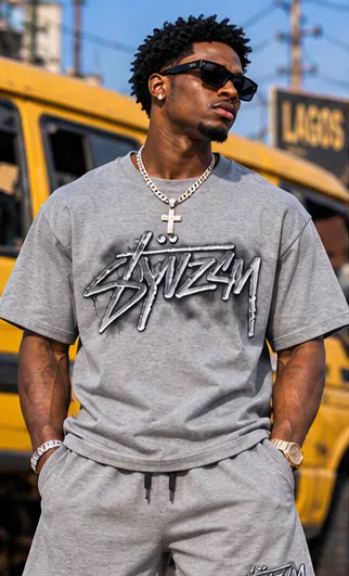 SYVZCM Graffiti Shorts Set — Grey on a streetwear model