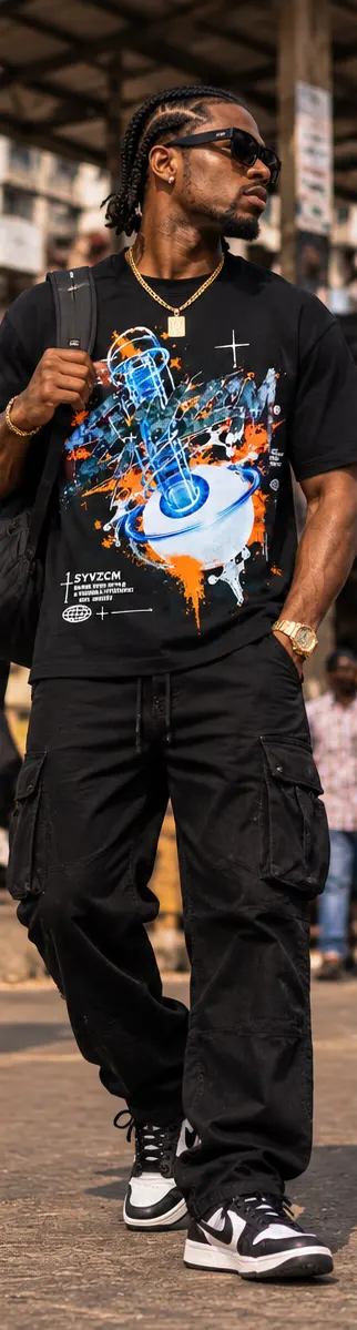 SYVZCM Graphic Art T Shirt — Black on a streetwear model