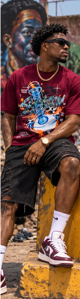 SYVZCM Graphic Art T Shirt — Wine Red on a streetwear model