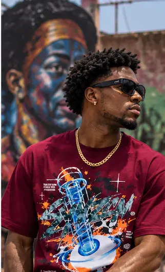 SYVZCM Graphic Art T Shirt — Wine Red on a streetwear model