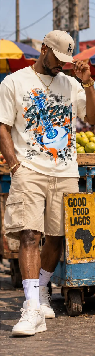 SYVZCM Graphic Art T Shirt — Ivory on a streetwear model
