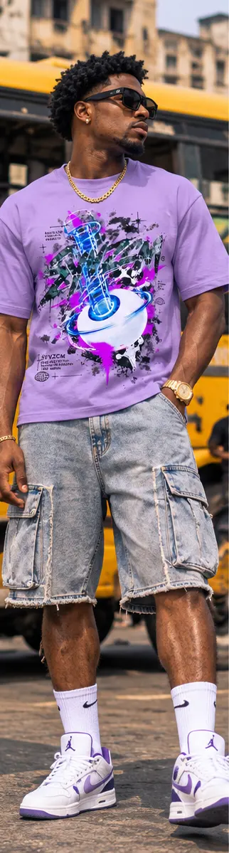 SYVZCM Graphic Art T Shirt — Purple on a streetwear model