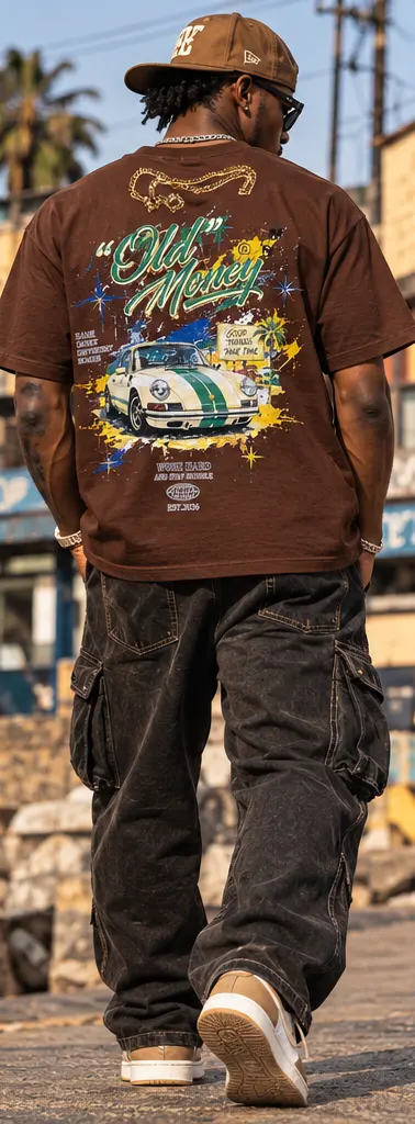 Old Money Car Graphic T-Shirt — Brown on a streetwear model