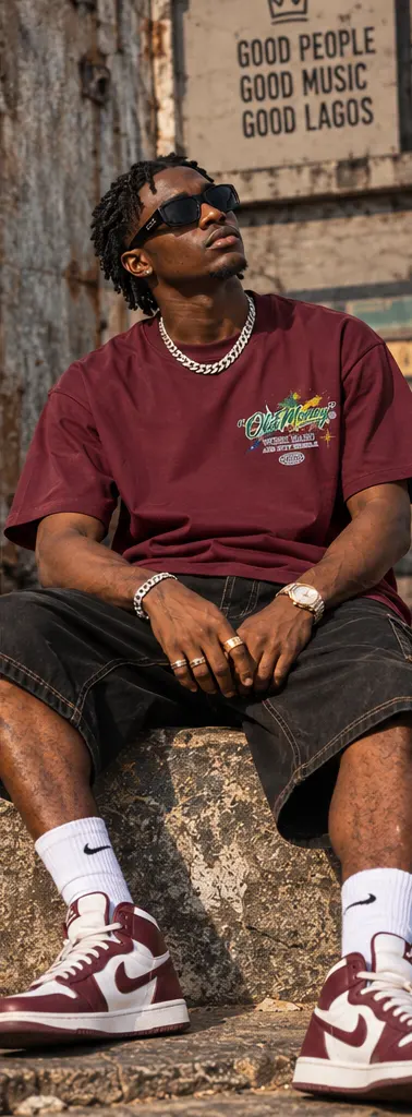 Old Money Car Graphic T-Shirt — Wine Red on a streetwear model