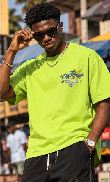 Old Money Car Graphic T-Shirt — Lime Green on a streetwear model