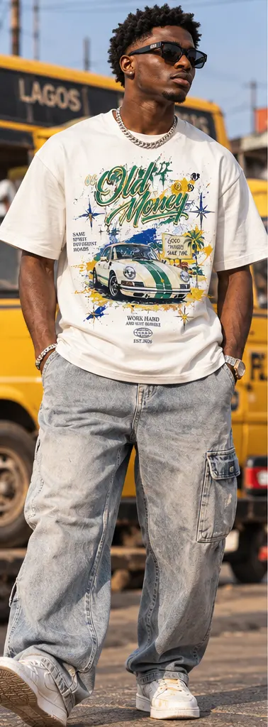 Old Money Car Graphic T-Shirt — White on a streetwear model