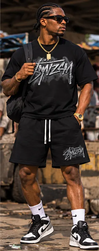 SYVZCM Signature Shorts Set — Black on a streetwear model