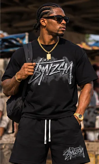 SYVZCM Signature Shorts Set — Black on a streetwear model