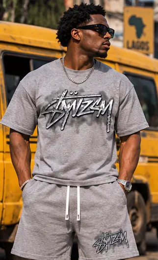 SYVZCM Signature Shorts Set — Grey on a streetwear model
