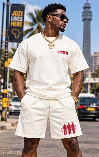 SYVZCM Silhouette Shorts Set — Ivory on a streetwear model