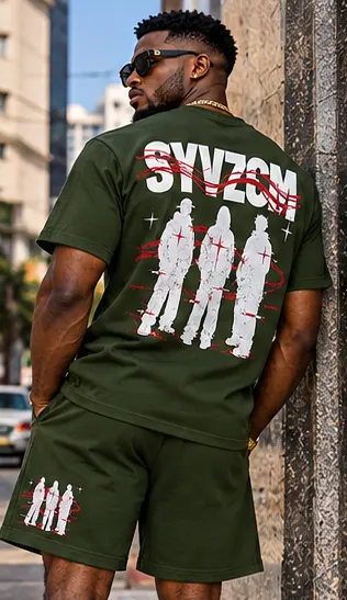 SYVZCM Silhouette Shorts Set — Olive Green on a streetwear model