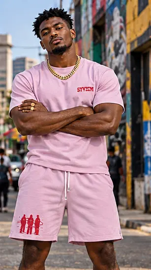 SYVZCM Silhouette Shorts Set — Pink on a streetwear model