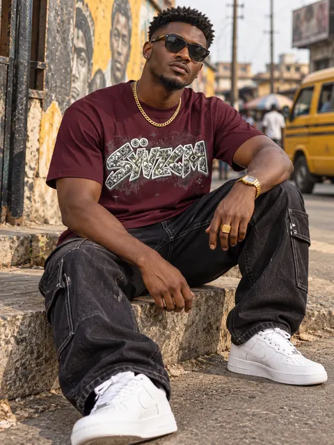 SYVZCM Silver Graffiti T Shirt — Wine Red on a streetwear model