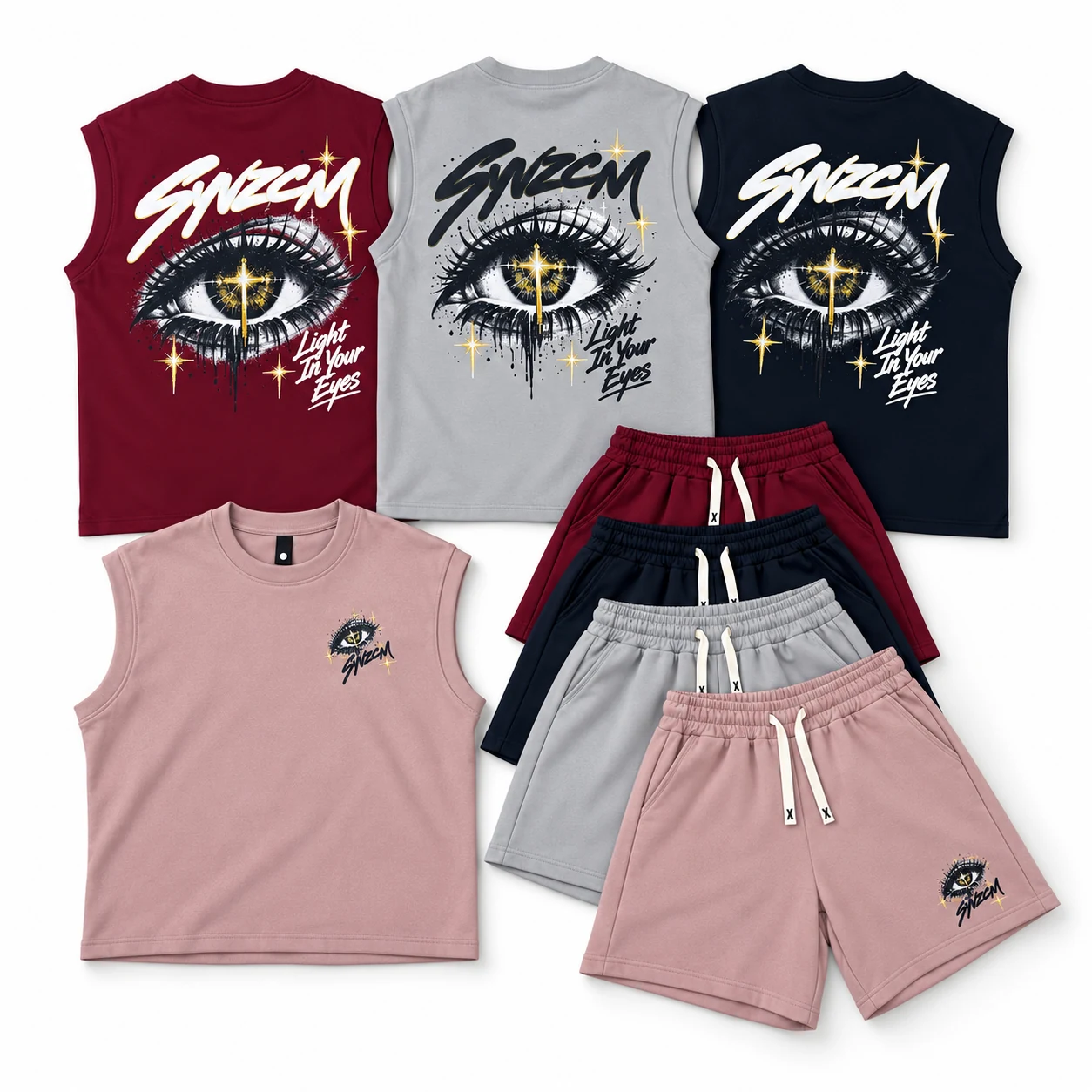 Eye Graphic sleeveless tee and shorts sets in navy, rose pink, wine red and stone grey